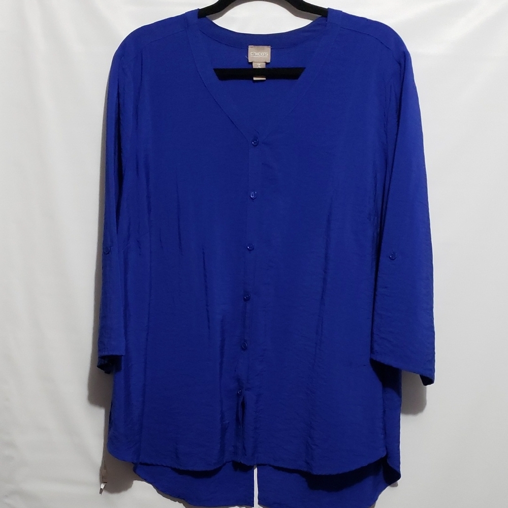Chico's‎ Women's 3 XL Blue Grotto Button-Up 34" Sleeve Top